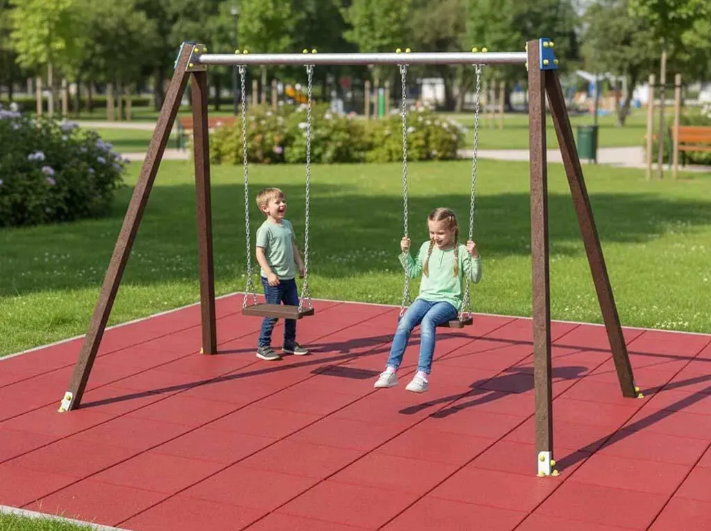 Columpio de dos plazas infantil con viga de acero pintado, con cierres laterales de polietileno Columpio de dos plazas infantil con viga de acero pintado y cierres laterales de polietileno